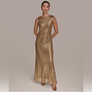 Donna Karan Sequin Boatneck Sleeveless Gown. Golden. Size 16. NWT